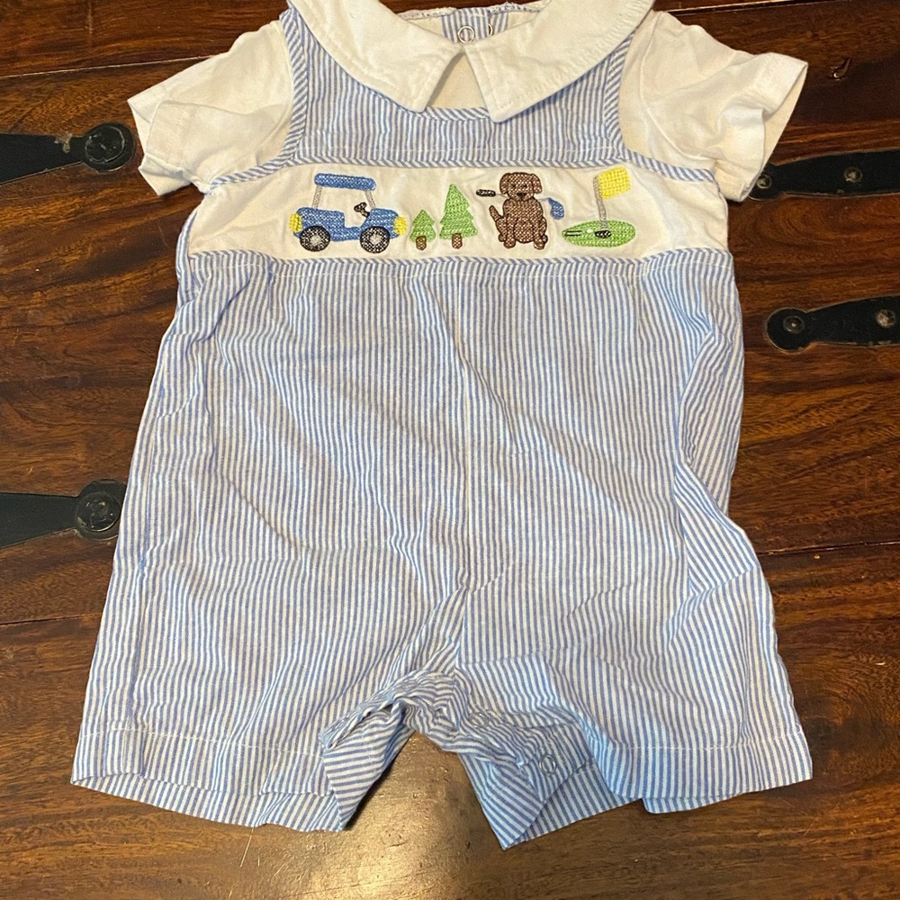 Vintage Smocked Jumper
Size 9 M Blue Striped
EmbroideredDog Golf By Toffee Apple